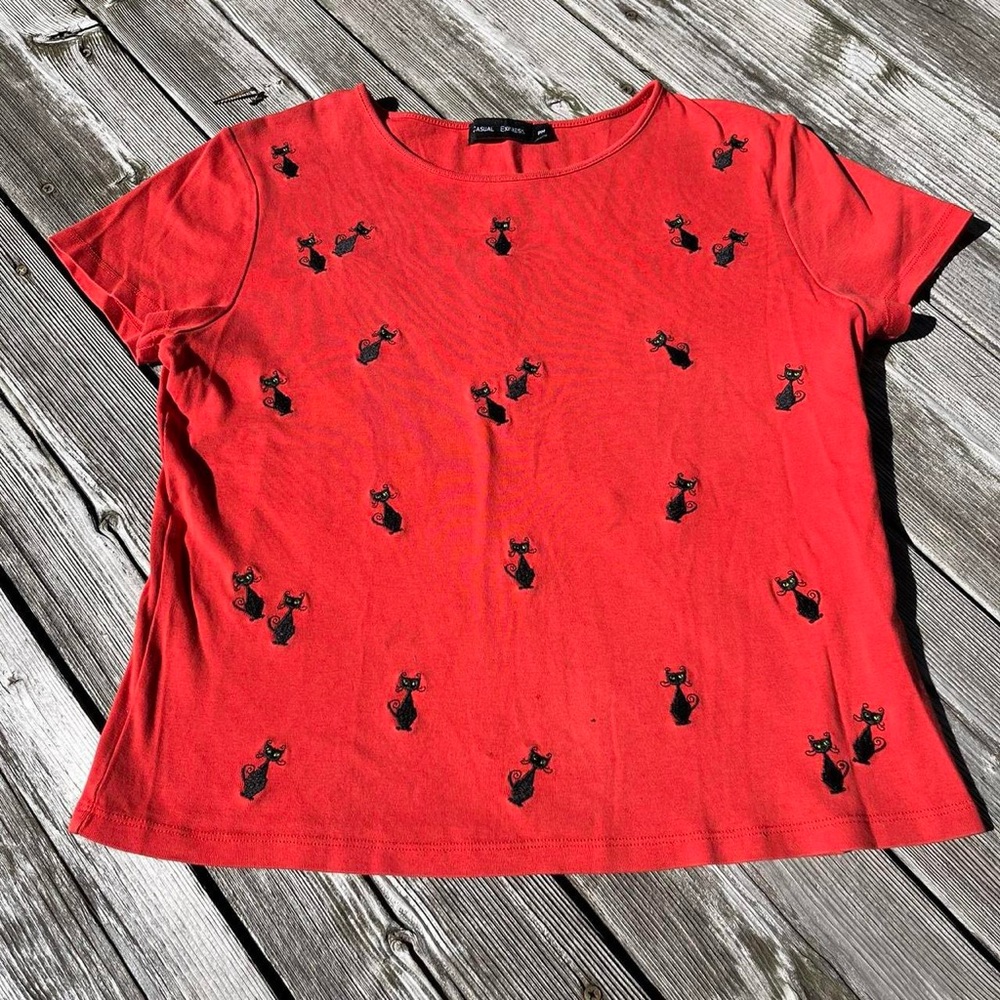 Casual Express Orange + Black Cat Embroidered Baby Tee
